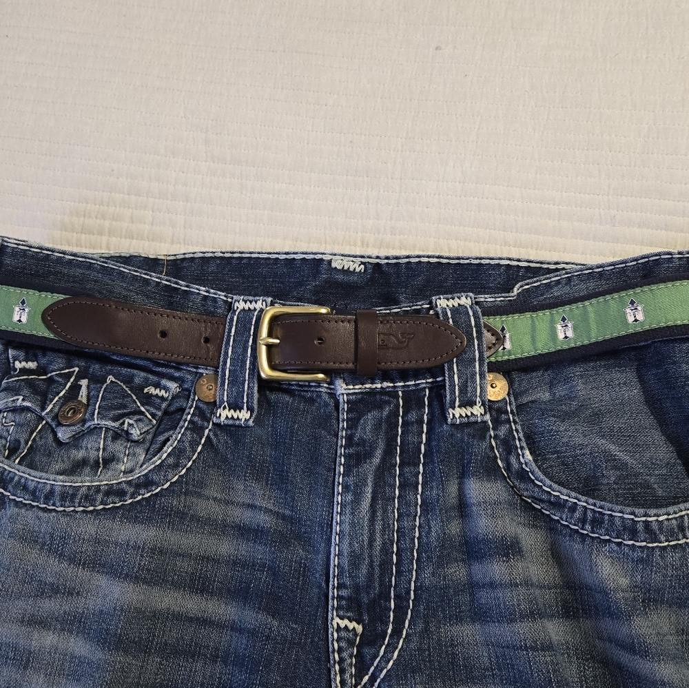 Men's Vineyard Vines Size 36 Brown Green Lighthouse Leather Belt